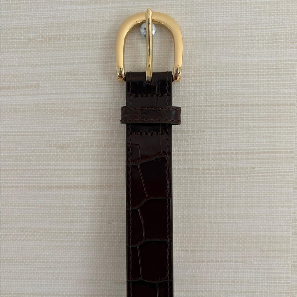 J.Crew Dark Brown Croc-Embossed Leather Belt with Gold Buckle - M